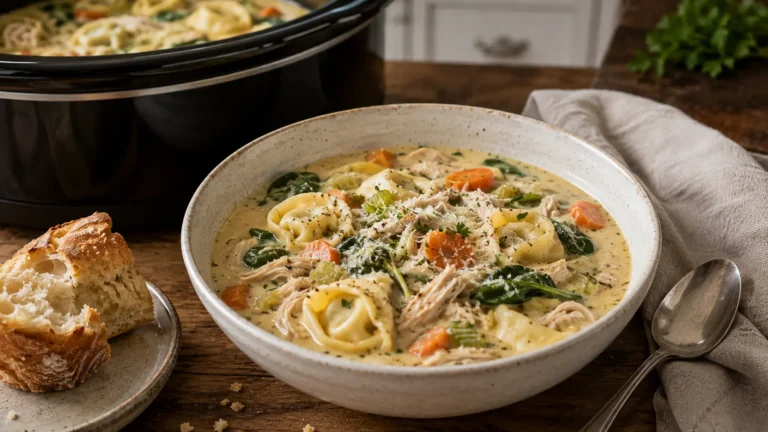Crock Pot creamy chicken tortellini soup with shredded chicken, cheese tortellini, carrots, spinach, and Parmesan cream broth.