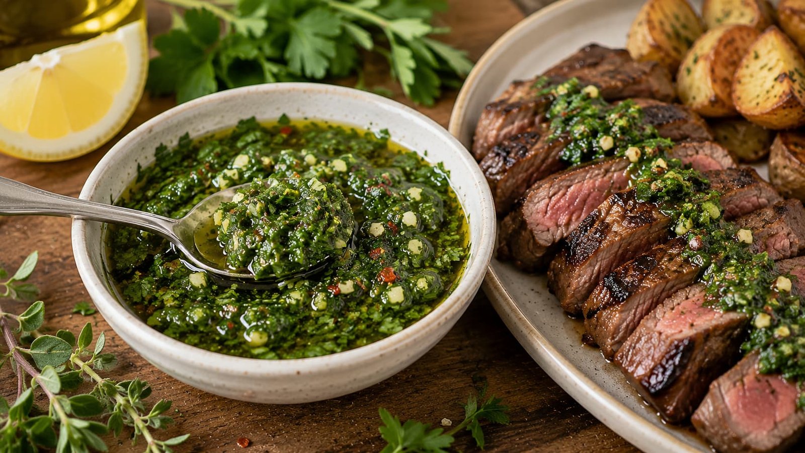 Homemade chimichurri sauce with fresh parsley, garlic, oregano, olive oil, red wine vinegar, and red pepper flakes served with grilled steak.