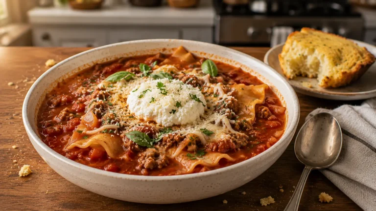 Hearty lasagna soup with ground beef, tomato broth, broken lasagna noodles, ricotta, mozzarella, Parmesan, and fresh herbs.