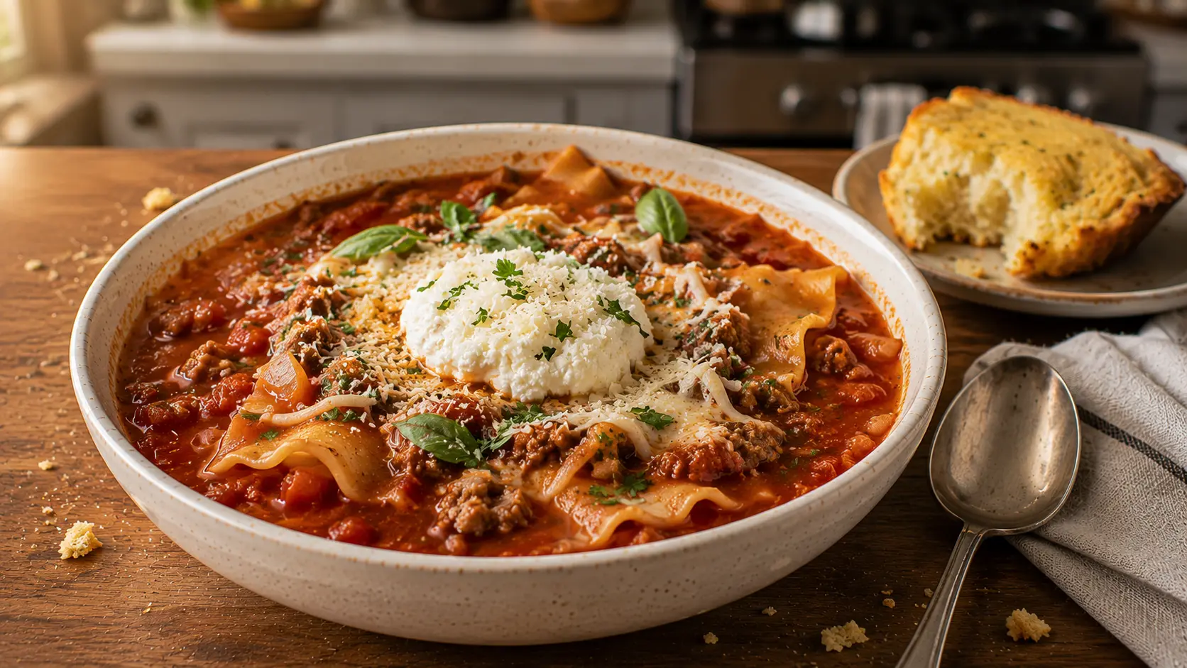 Hearty lasagna soup with ground beef, tomato broth, broken lasagna noodles, ricotta, mozzarella, Parmesan, and fresh herbs.