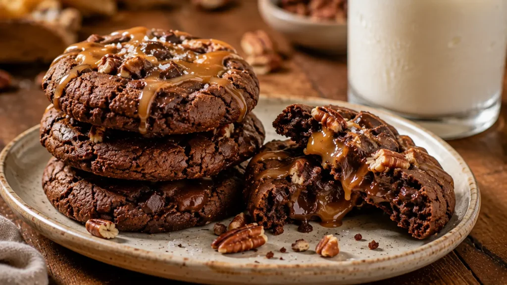 Soft chocolate turtle cookies filled with gooey caramel, chocolate and toasted pecans.