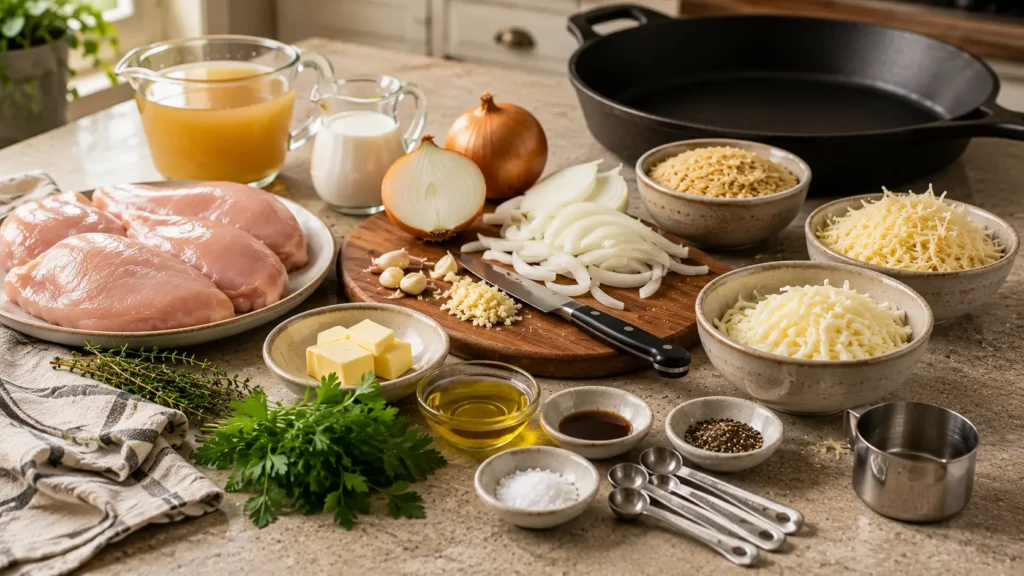 Chicken, yellow onions, orzo, Gruyère, mozzarella, broth, cream, garlic, butter, thyme, and seasonings for French Onion Chicken Orzo.