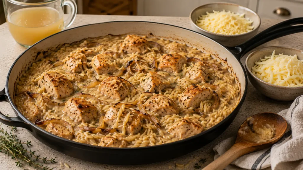 Partially cooked chicken, creamy orzo, and deeply caramelized onions in a skillet before adding cheese and baking.