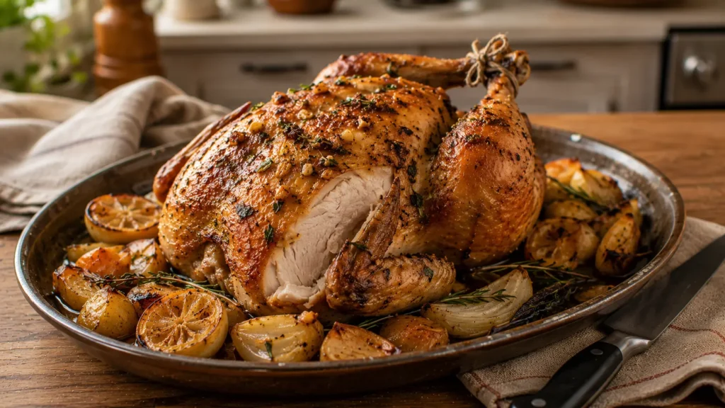 Garlic herb roasted whole chicken with crispy golden skin, lemon, rosemary, thyme, and roasted onions.