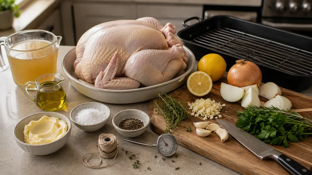 Whole chicken, butter, garlic, rosemary, thyme, parsley, lemon, onion, olive oil, and broth for garlic herb roasted chicken.