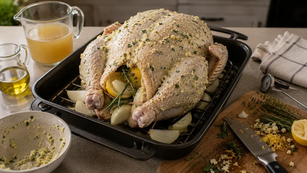 Raw whole chicken coated with garlic herb butter and stuffed with lemon, onion, rosemary, and thyme before roasting.