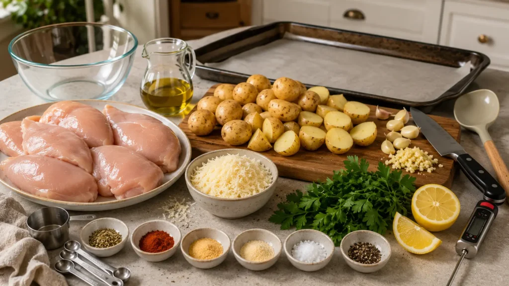 Chicken breasts, baby potatoes, Parmesan, garlic, olive oil, herbs, seasonings, parsley, and lemon for garlic Parmesan chicken and potatoes.