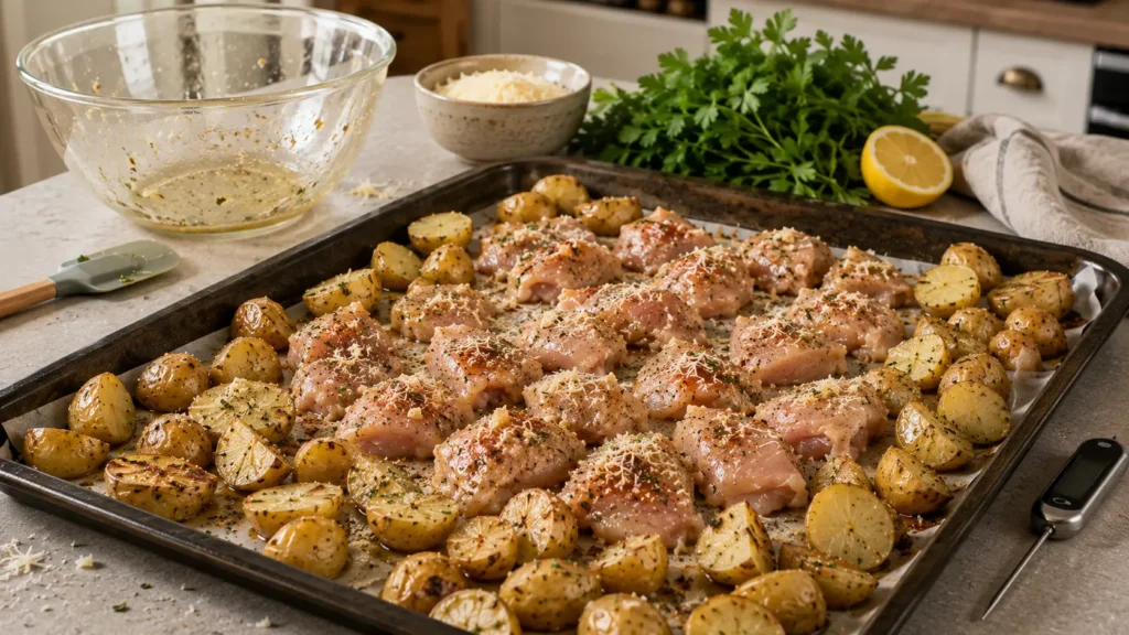 Raw garlic Parmesan chicken pieces arranged with partially roasted baby potatoes on a sheet pan before the final roast.