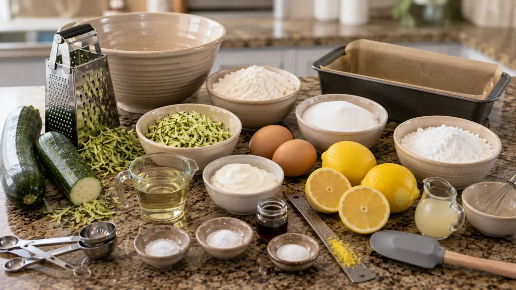 Fresh zucchini, lemons, flour, sugar, eggs, yogurt, oil, vanilla, and baking ingredients for glazed lemon zucchini bread.