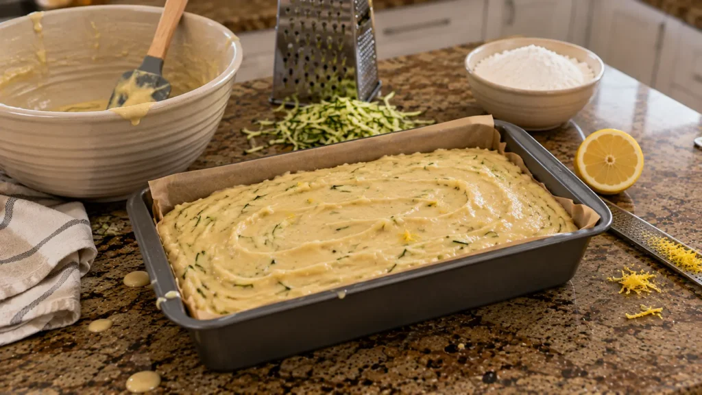 Raw lemon zucchini bread batter with fresh zucchini and lemon zest in a parchment-lined loaf pan before baking.