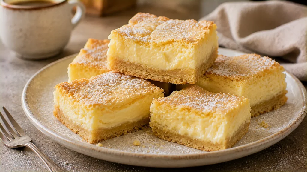 Classic gooey butter cake squares with a buttery cake base, soft cream cheese center and powdered sugar.
