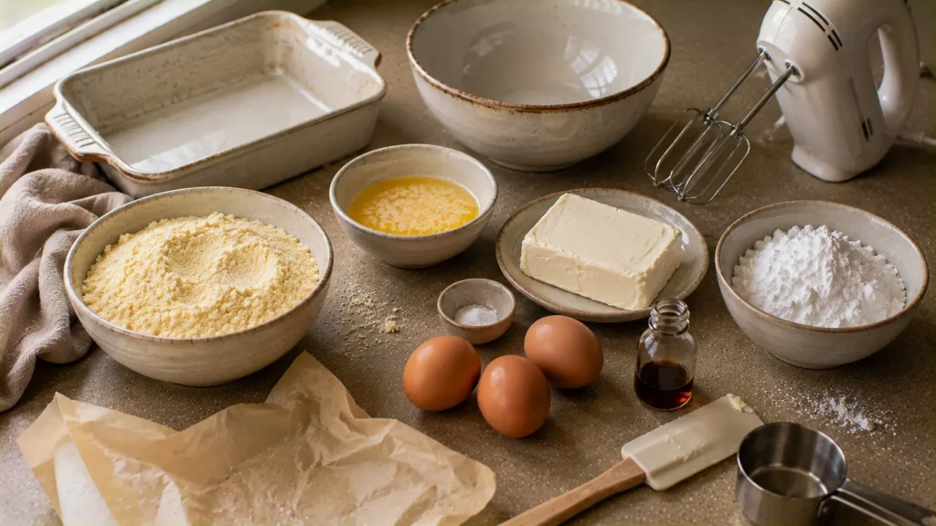 Ingredients for gooey butter cake including yellow cake mix, butter, eggs, cream cheese and powdered sugar.