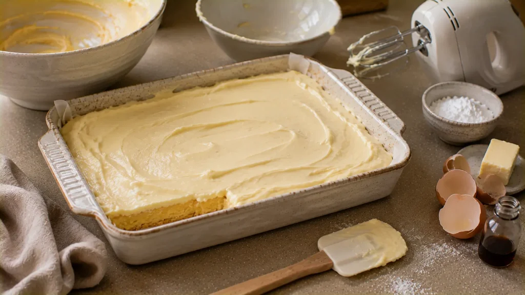 Cream cheese filling spread over the cake base before baking gooey butter cake.