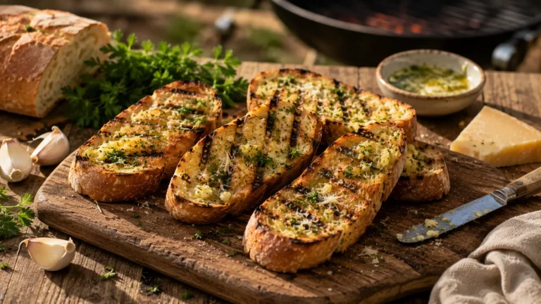 Grilled garlic bread with golden grill marks, garlic butter, Parmesan and fresh parsley.
