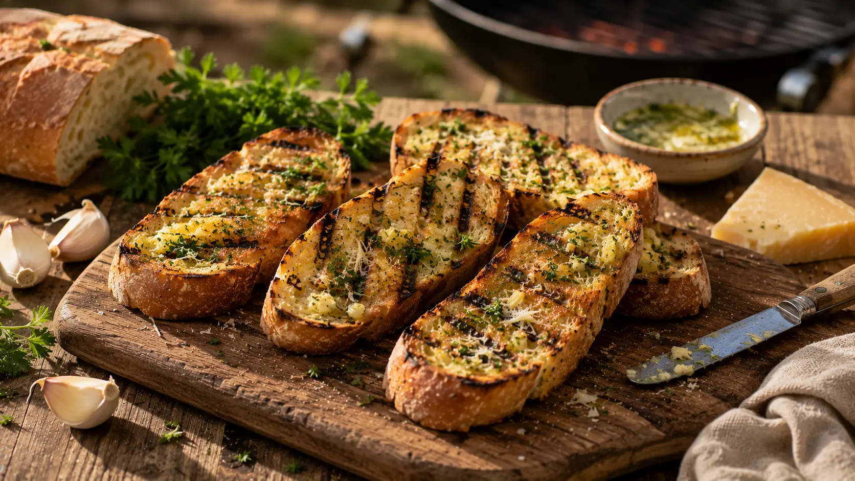 Grilled garlic bread with golden grill marks, garlic butter, Parmesan and fresh parsley.