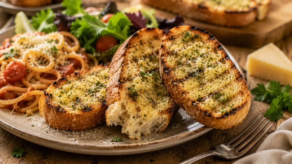Crispy grilled garlic bread topped with Parmesan, fresh parsley and garlic butter.