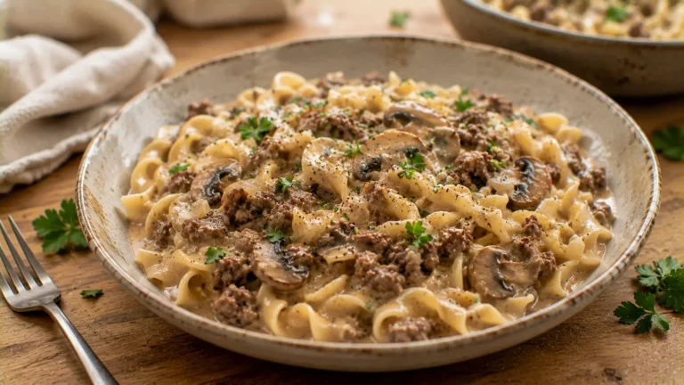 Ground beef stroganoff with egg noodles, browned beef, mushrooms and creamy sour cream sauce.