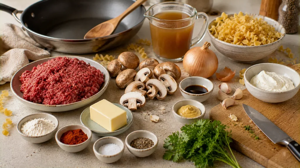Ingredients for ground beef stroganoff including ground beef, egg noodles, mushrooms, sour cream and beef broth.