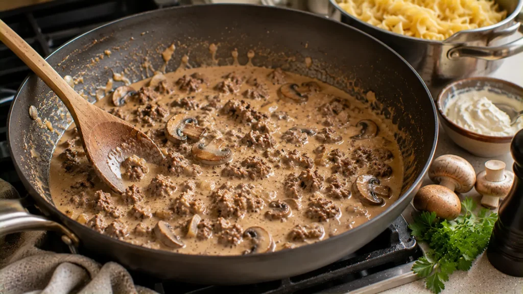 Ground beef and mushrooms cooking in creamy stroganoff sauce in a skillet.