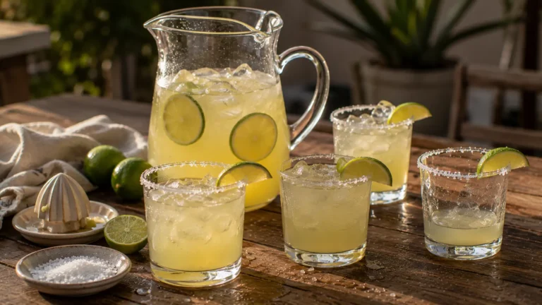 Pitcher margaritas for a crowd with fresh lime, ice and salted cocktail glasses.