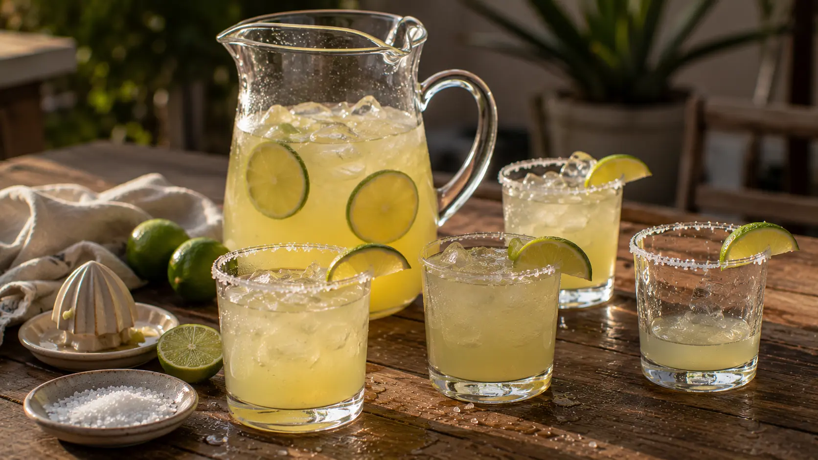 Pitcher margaritas for a crowd with fresh lime, ice and salted cocktail glasses.
