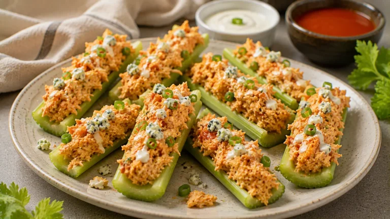 Buffalo chicken celery sticks filled with creamy shredded buffalo chicken and topped with green onions.
