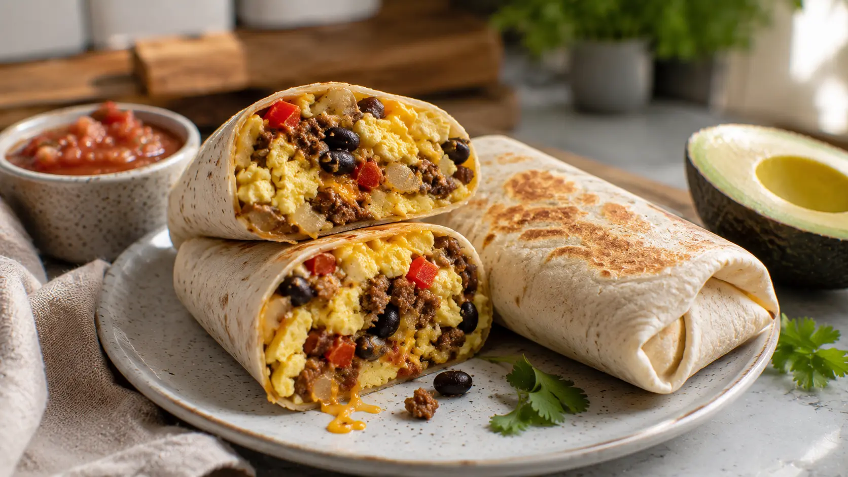 High-protein breakfast burritos filled with scrambled eggs, ground turkey, black beans and cheese.