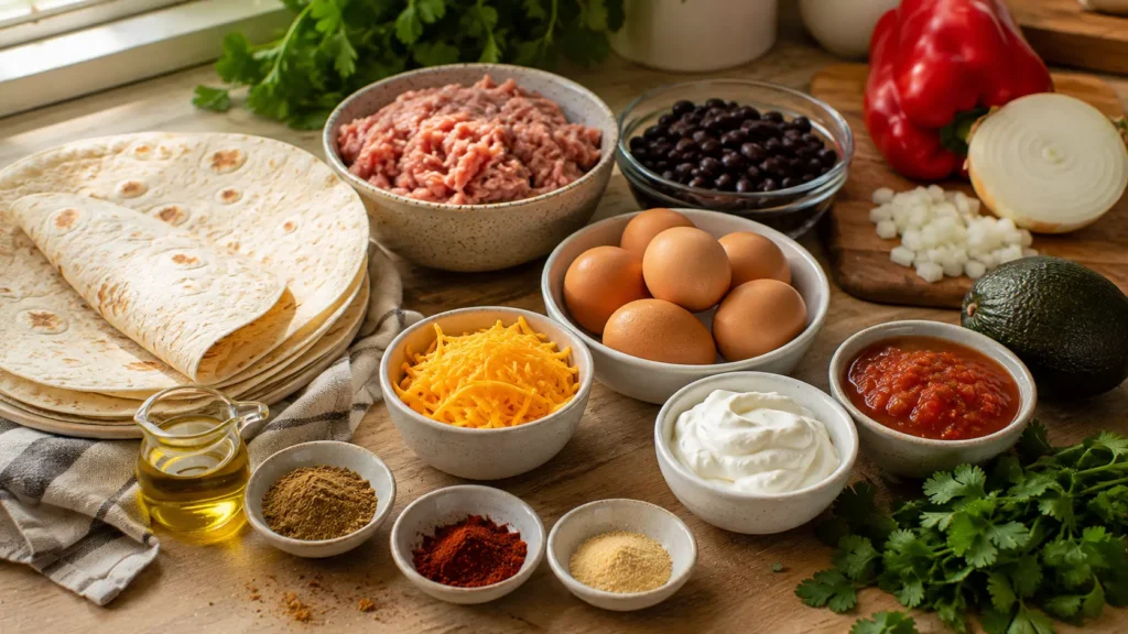 Ingredients for high-protein breakfast burritos including eggs, turkey, beans, cheese and tortillas.