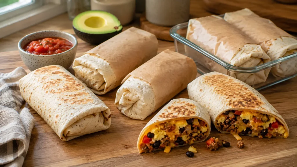 High-protein breakfast burritos wrapped for meal prep with one burrito cut open to show the filling.