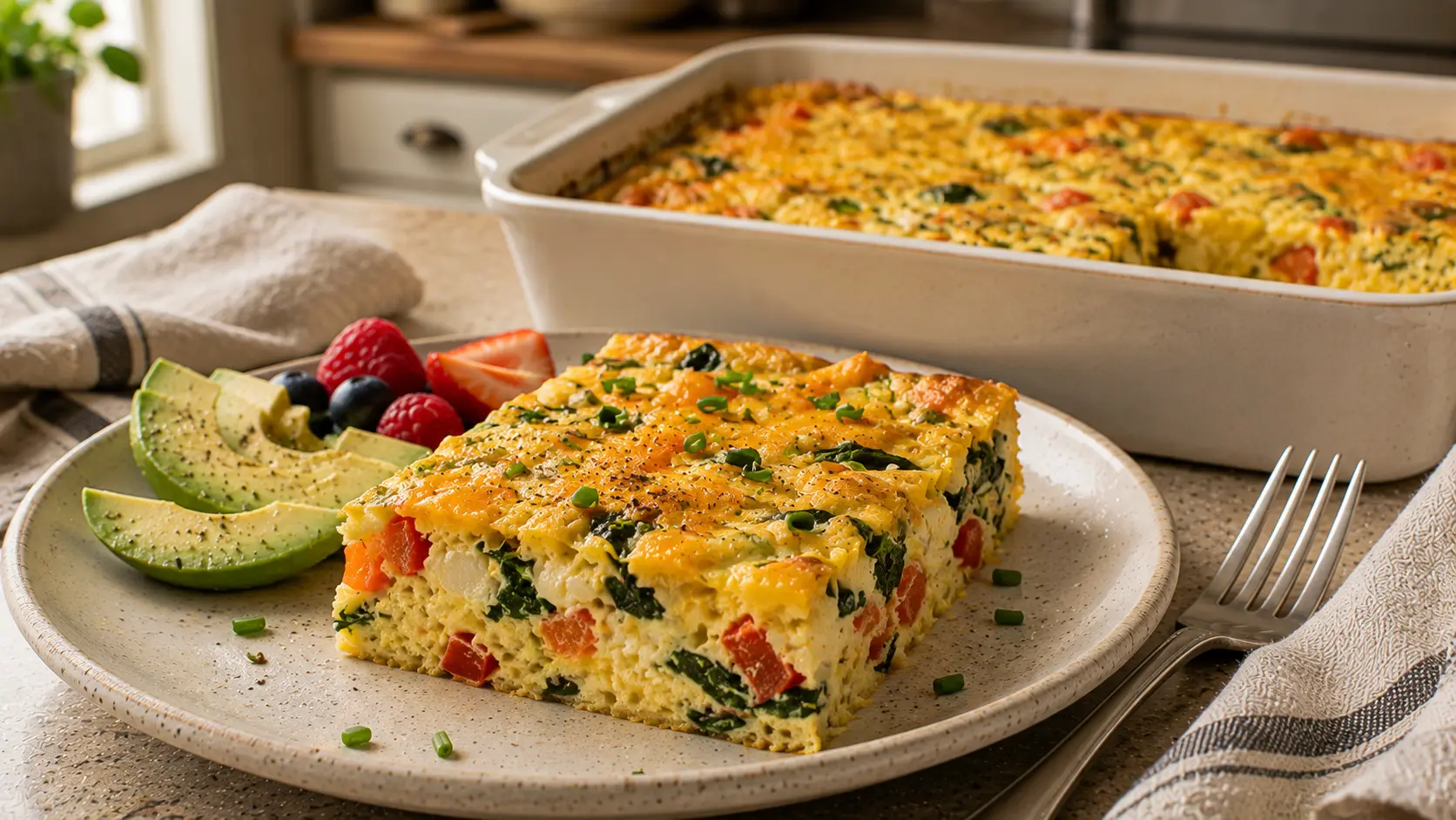 High-protein cottage cheese egg frittata with spinach, red bell pepper, cheddar, and chives served as a thick breakfast slice.