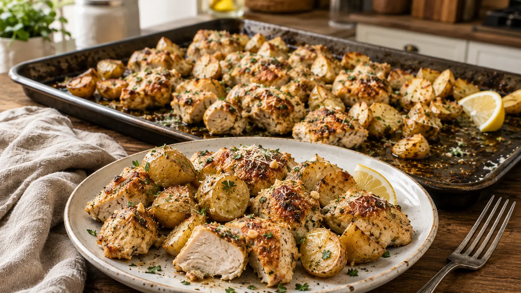 High-protein garlic Parmesan chicken with crispy roasted baby potatoes, fresh parsley, Parmesan, and lemon on a sheet pan.