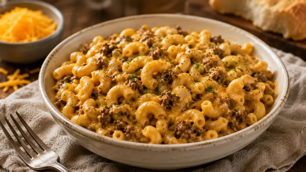 Homemade cheeseburger Hamburger Helper with ground beef, elbow macaroni and creamy cheddar cheese sauce.