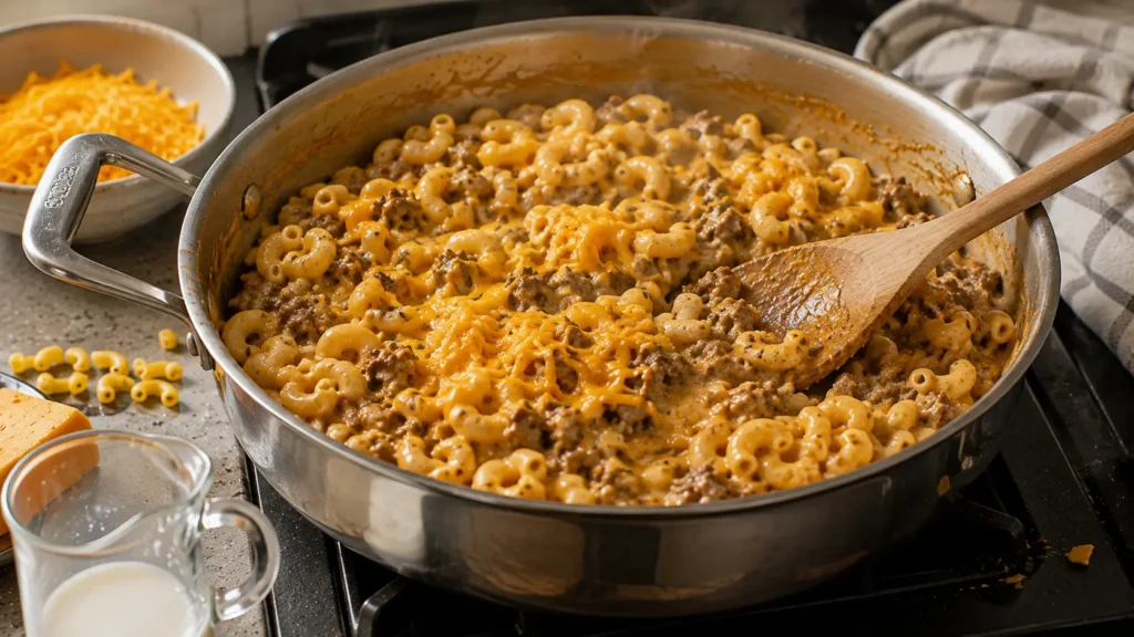 One-pot homemade Hamburger Helper with ground beef, macaroni and cheddar cheese cooking in a skillet.
