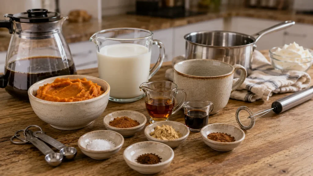 Pumpkin puree, coffee, milk, maple syrup, vanilla, cinnamon, ginger, nutmeg, and cloves for homemade pumpkin spice latte.