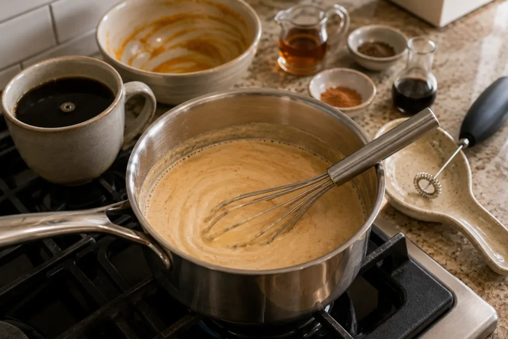 Pumpkin, milk, maple syrup, vanilla, and fall spices warming in a saucepan before being combined with coffee.