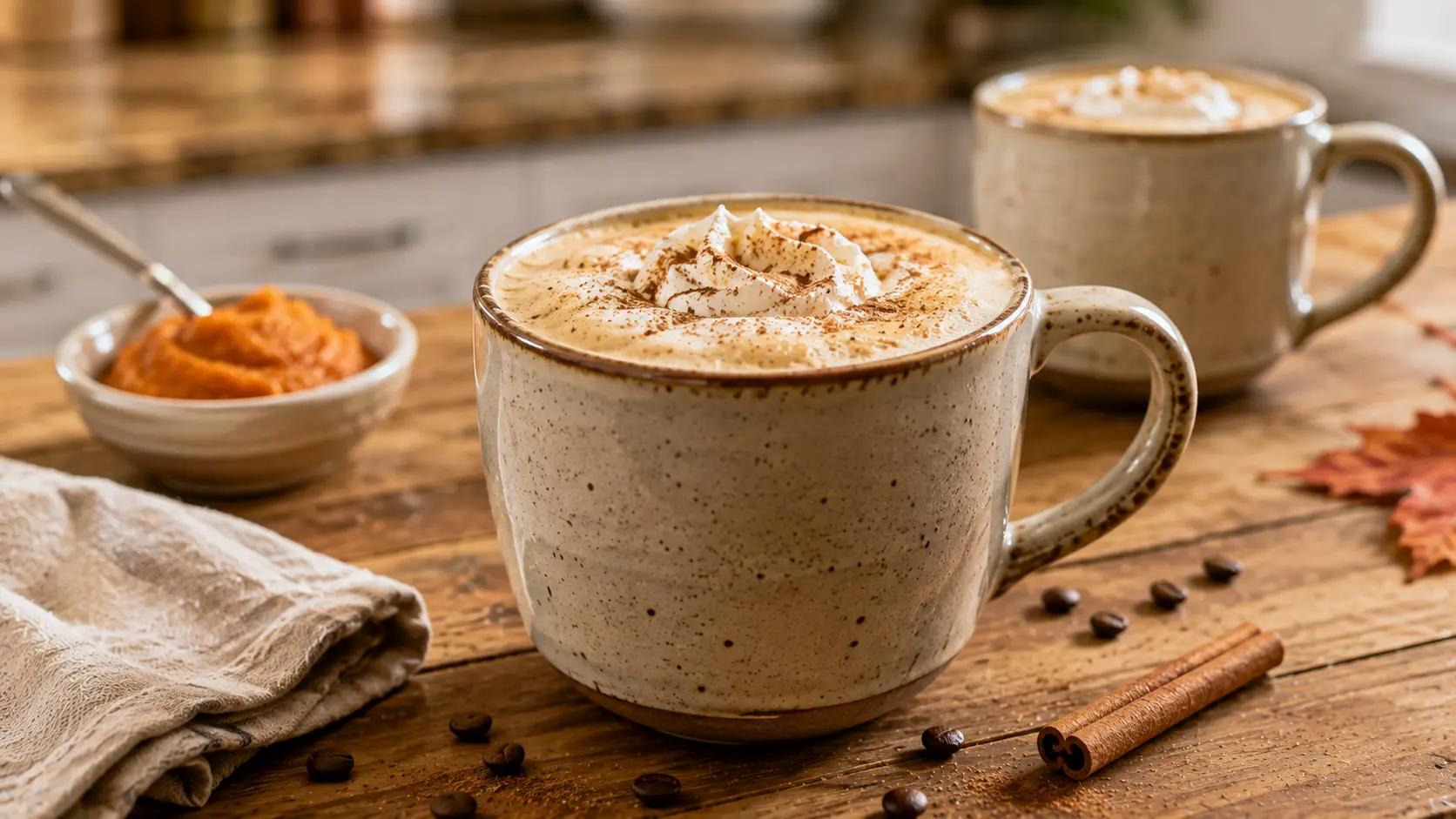 Homemade pumpkin spice latte with real pumpkin, creamy milk foam, whipped cream, and a light cinnamon topping.