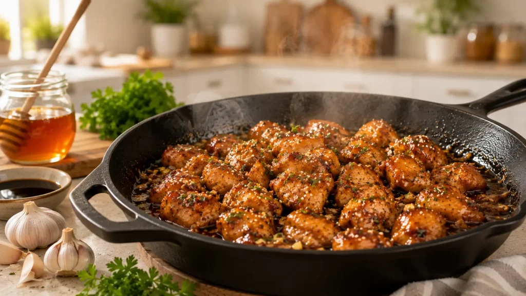 Honey Garlic Chicken cooking in a skillet with a glossy honey garlic sauce.