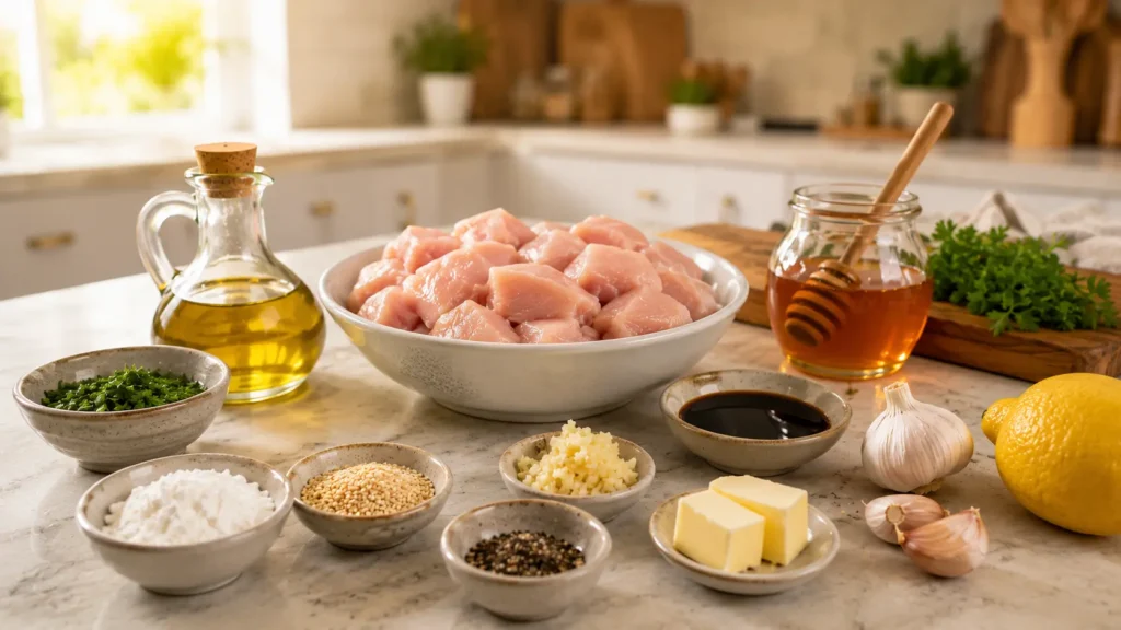 Ingredients needed to make Honey Garlic Chicken arranged on a kitchen countertop.