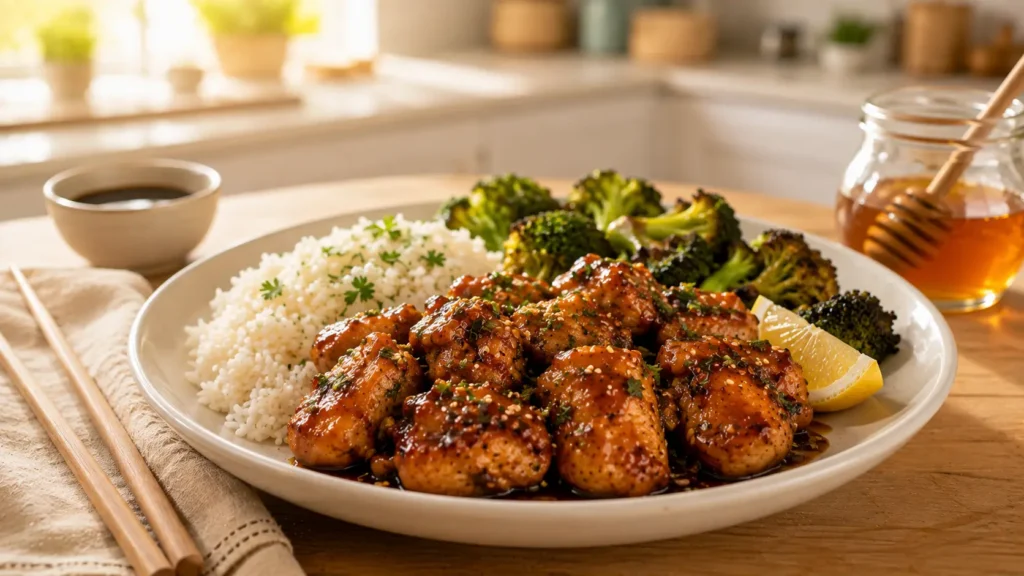 Honey Garlic Chicken served with rice and broccoli on a white dinner plate.