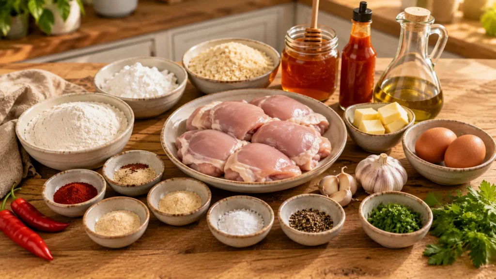 Ingredients for making Hot Honey Chicken arranged neatly on a wooden kitchen countertop.