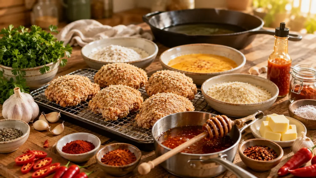 Breaded chicken prepared for Hot Honey Chicken with bowls of seasoned flour, eggs, and panko breadcrumbs.