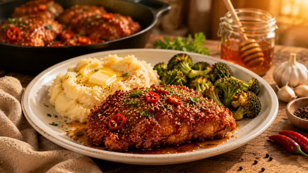 A serving of crispy Hot Honey Chicken drizzled with hot honey glaze and garnished with parsley and sesame seeds.
