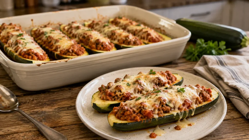 Italian sausage and mozzarella zucchini boats baked with tomato sauce, Parmesan, garlic, and fresh herbs.