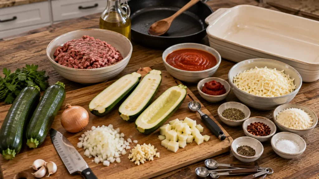 Zucchini, Italian sausage, tomato sauce, mozzarella, Parmesan, onion, garlic, and herbs for stuffed zucchini boats.