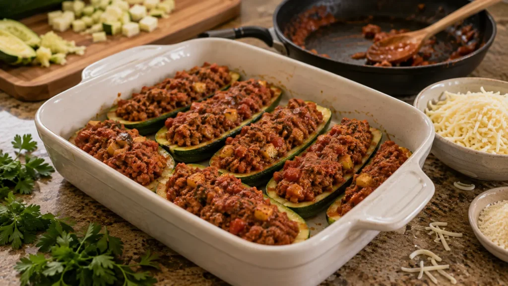 Zucchini boats filled with cooked Italian sausage and tomato mixture before adding mozzarella and final baking.
