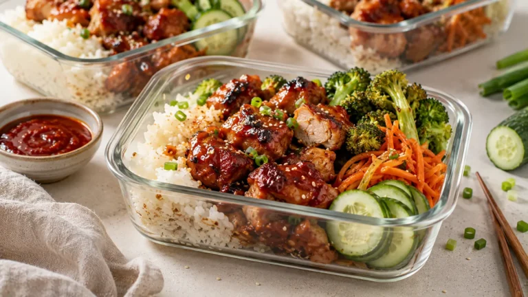 Korean chicken meal prep bowl with sticky gochujang chicken, white rice, broccoli, carrots and cucumber.
