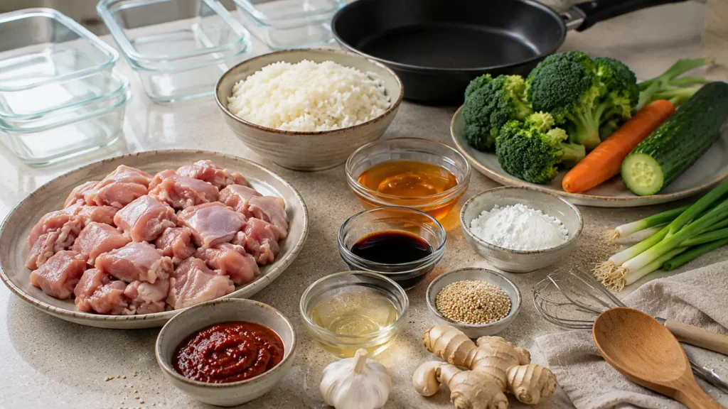 Ingredients for Korean chicken meal prep bowls including chicken, gochujang, rice, broccoli, carrots and cucumber.