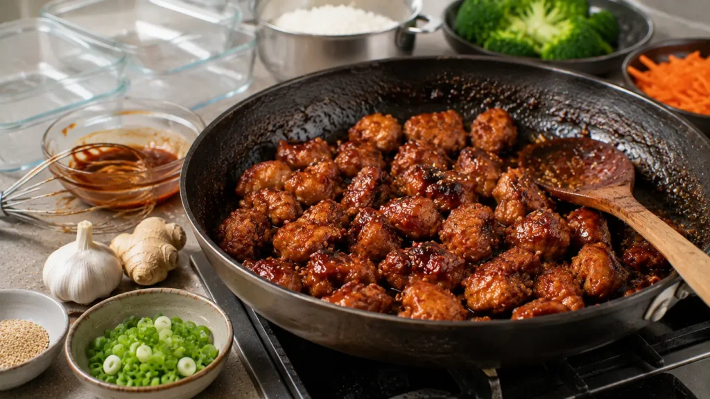 Korean chicken pieces cooking in sticky gochujang sauce in a skillet for meal prep bowls.