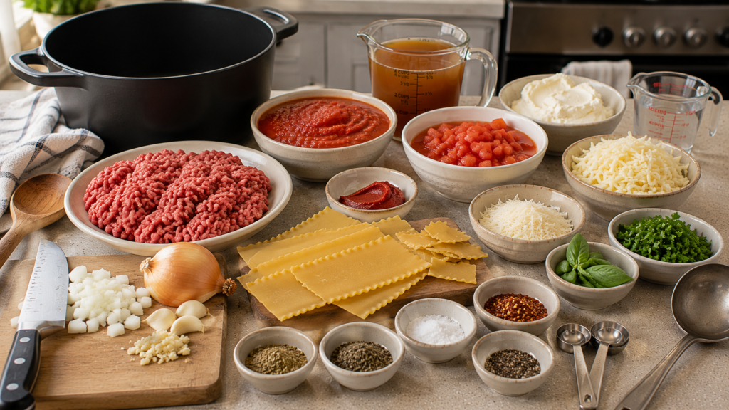 Ground beef, lasagna noodles, tomatoes, broth, ricotta, mozzarella, Parmesan, onion, garlic, and herbs for lasagna soup.