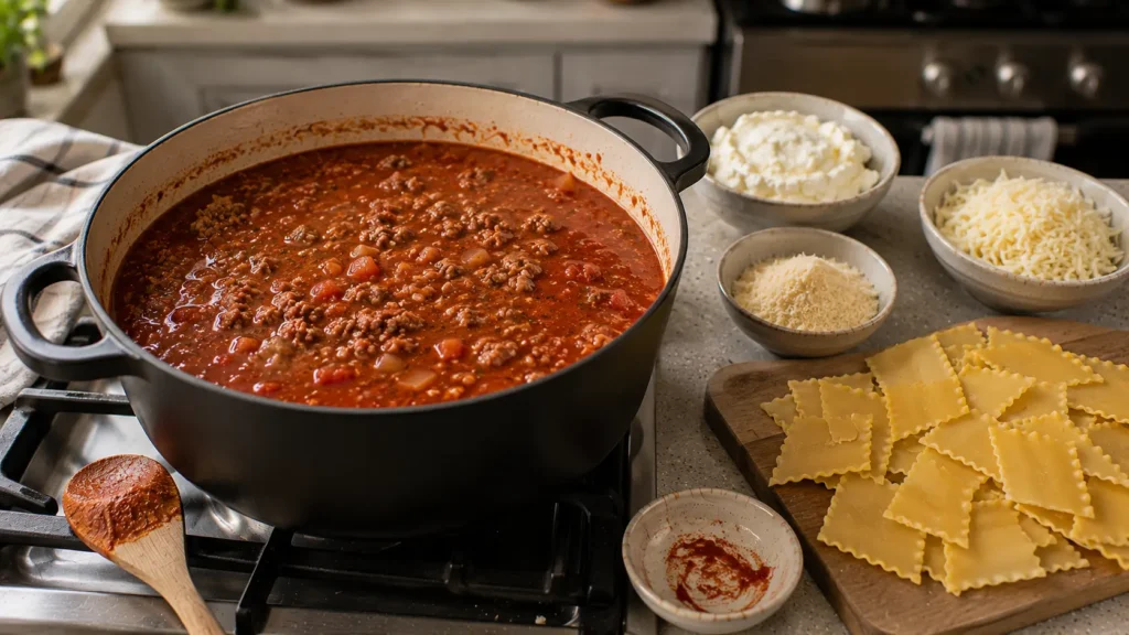 Ground beef and tomato soup base simmering in a Dutch oven before broken lasagna noodles are added.